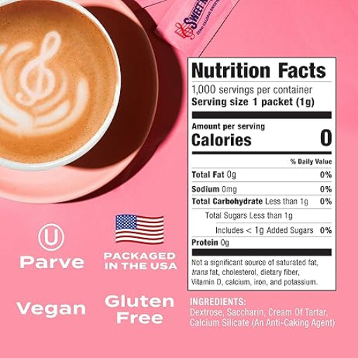 Nutrition label for a sweetener packet with a cup of coffee on a pink background