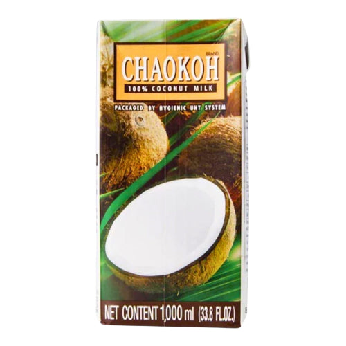 A 1-liter carton of Chaokoh 100% Coconut Milk, featuring a graphic design with coconuts, a sliced coconut showing white milk, and green leaves on a white background.