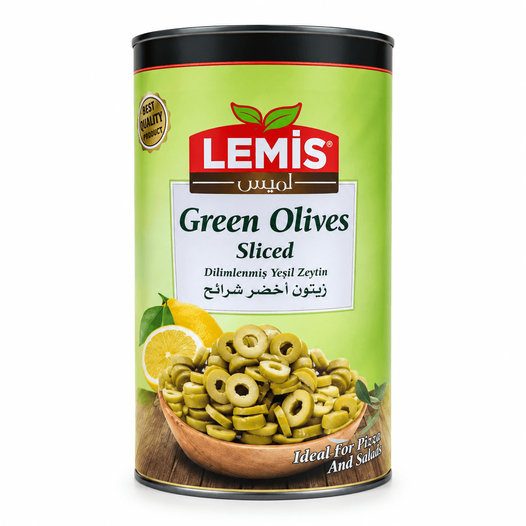 A can of LEMiS Green Olives Sliced on a plain white background. The cylindrical can features a light green label with a prominent red and white LEMiS logo, a bowl of sliced green olives, and a lemon illustration.