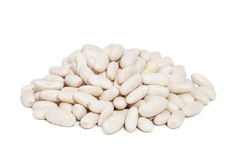 A pile of white kidney beans, also known as cannellini beans, on a white background.