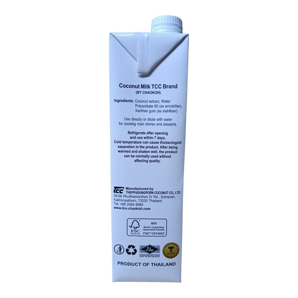 A single carton of Coconut Milk TCC Brand (TH CHOKLATO) shown from the back, featuring product information, ingredients, and certification logos on a plain white background.