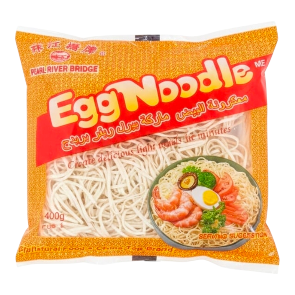 Packaged egg noodles with branding and product details on a white background