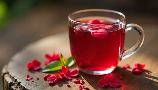 Cup of hibiscus tea with dried hibiscus flowers on a table