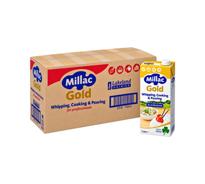 A bulk cardboard carton box of Millac Gold Professional Whipping, Cooking & Pouring liquid alongside a single 1.25L paperboard milk carton of the same brand and flavor, on a plain white background.