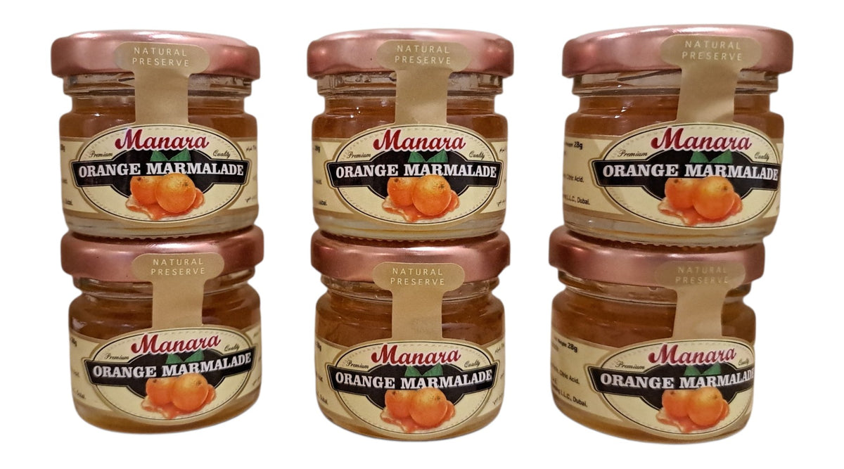 Six jars of Manara Orange Marmalade arranged in two columns of three on a plain white background.