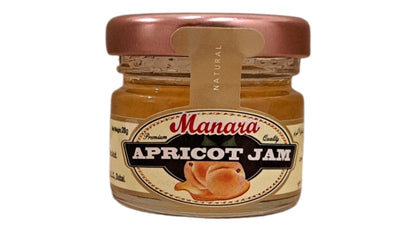 A glass jar of Manara Apricot Jam with a metallic rose gold lid and a cream-colored label, shown against a plain white background.