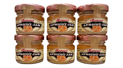 Six glass jars of Manara Apricot Jam arranged in two rows of three on a plain white background.