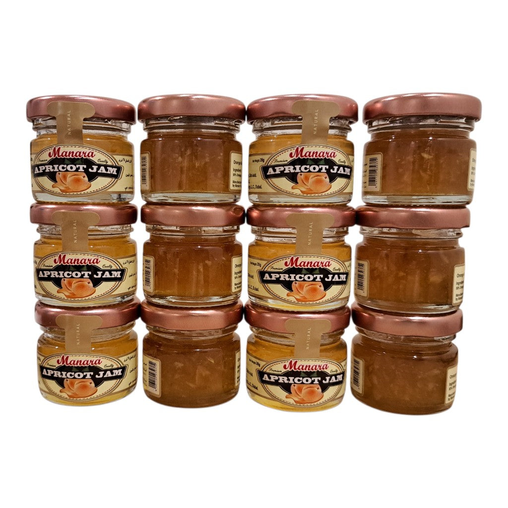 A 12-pack grid of Manava Apricot Jam glass jars with copper-colored lids and cream labels, set against a plain white background.