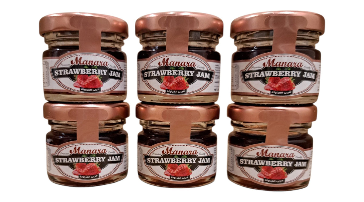 Six jars of Manava Strawberry Jam arranged in two rows of three on a plain white background.