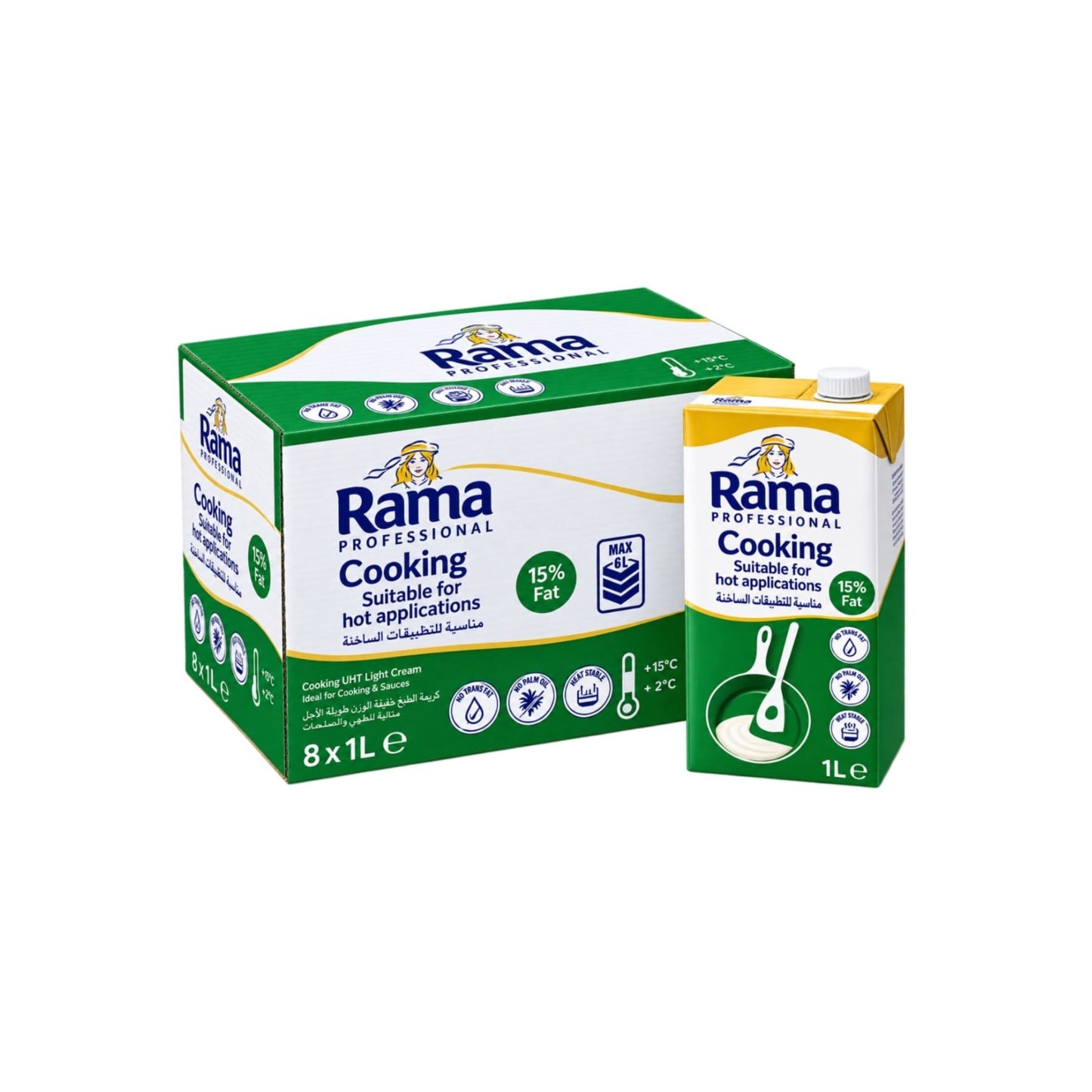 A pack of Rama Professional Cooking light cream, showing an 8-pack cardboard carton box next to a single 1L carton on a plain white background.
