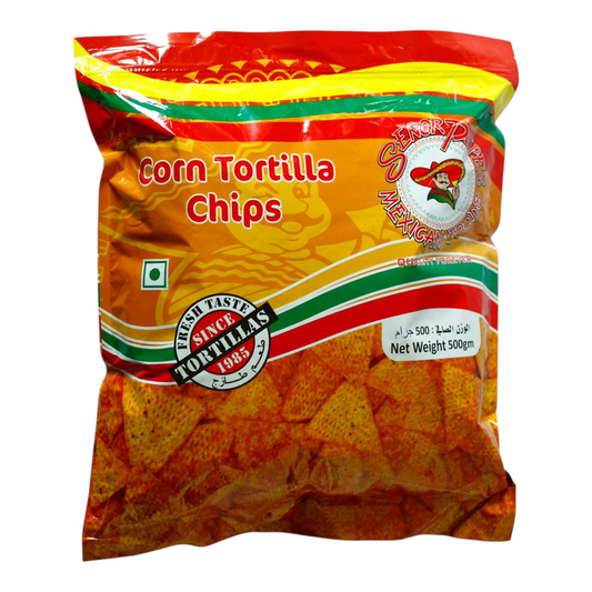 Packaged corn tortilla chips with brand logo on a white background
