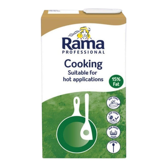 A carton of Rama Professional Cooking liquid, suitable for hot applications and 15% fat, featuring a white and green design with a pan and spoon graphic.
