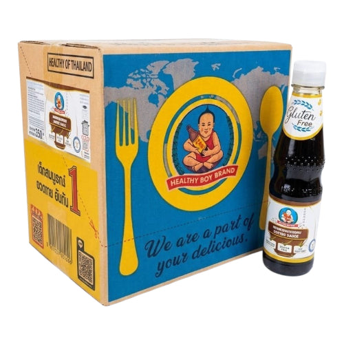 A box of Healthy Boy Brand coconut rice sauce with a single bottle of gluten-free coconut rice sauce displayed in front on a white background.