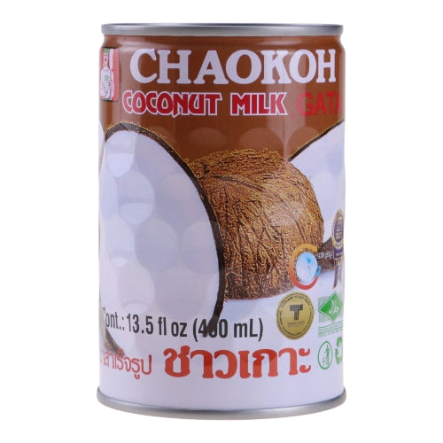 A can of Chaokoh Coconut Milk Gati, 400 mL, featuring a brown and white label with an illustration of a coconut.