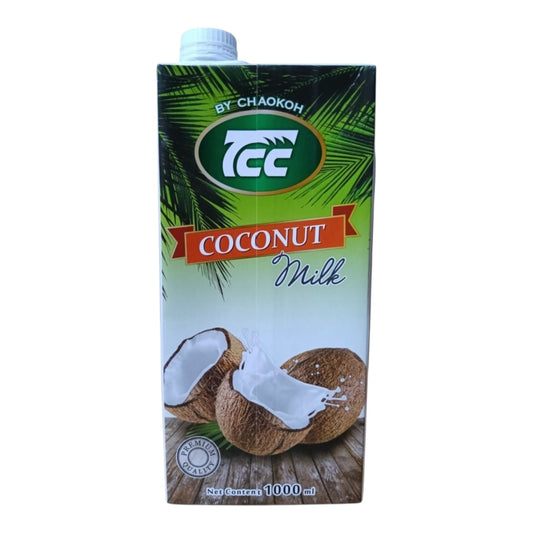 A 1-liter carton of TCC Coconut Milk by BT Chaokoh, featuring a green and white design with illustrations of coconuts and a white cap, set against a plain white background.