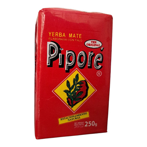A 250g package of Pipore Yerba Mate, featuring its signature red wrapper with the brand name 'Pipore' in large white letters, a yellow diamond logo with a green yerba mate leaf, and 'The Original' badge.