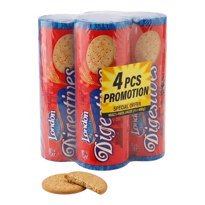 Three red and blue London Bakes Digesties biscuit tubes wrapped together in clear plastic, with two round biscuits and one broken biscuit in front on a white background.