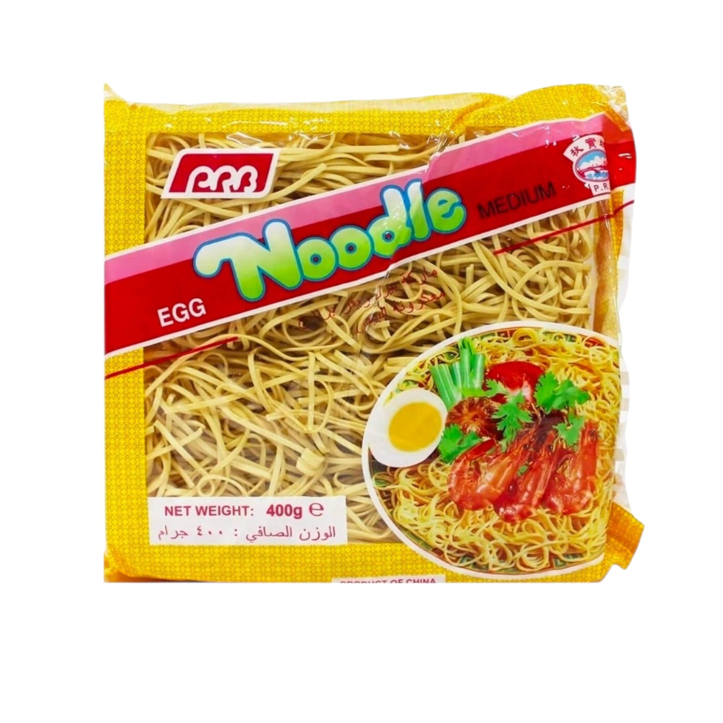 Packaged noodles with a yellow and red label on a white background