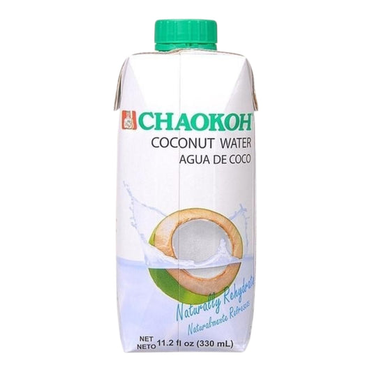 Carton of Chaokoh coconut water with a green cap on a white background