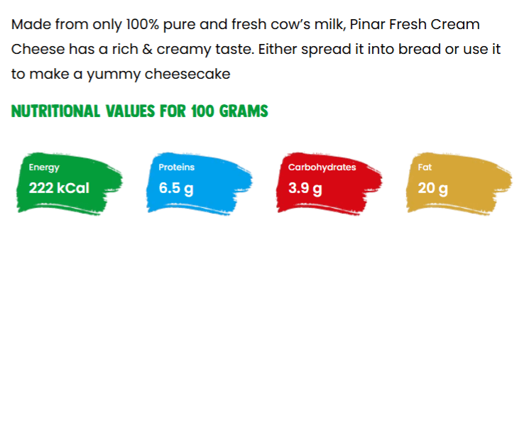 Pinar Fresh Cream Cheese nutrition facts