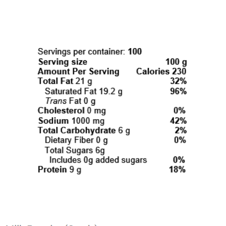 Saudia Full Fat White Cheese Analogue 16kg nutrition facts