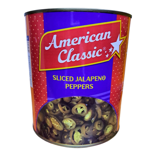 Can of American Classic sliced jalapeno peppers on a white background