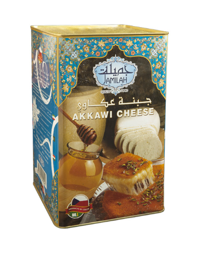 Akkawi cheese packaging with a blue and gold design featuring a picture of cheese and honey.