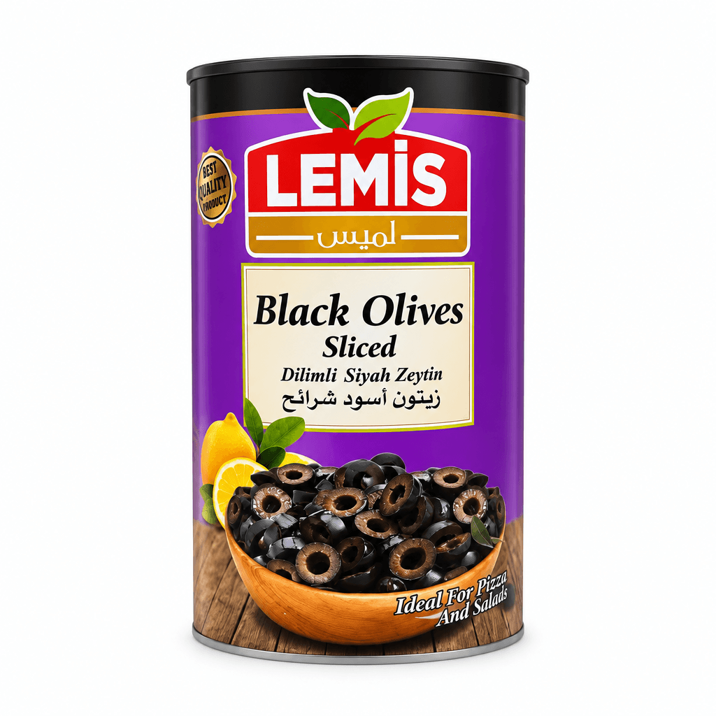 A cylindrical metal can of LEMiS Black Olives Sliced (Dilimli Siyah Zeytin) on a plain white background. The can features a purple label with the LEMiS brand logo, a bowl of sliced black olives, and lemon garnishes.