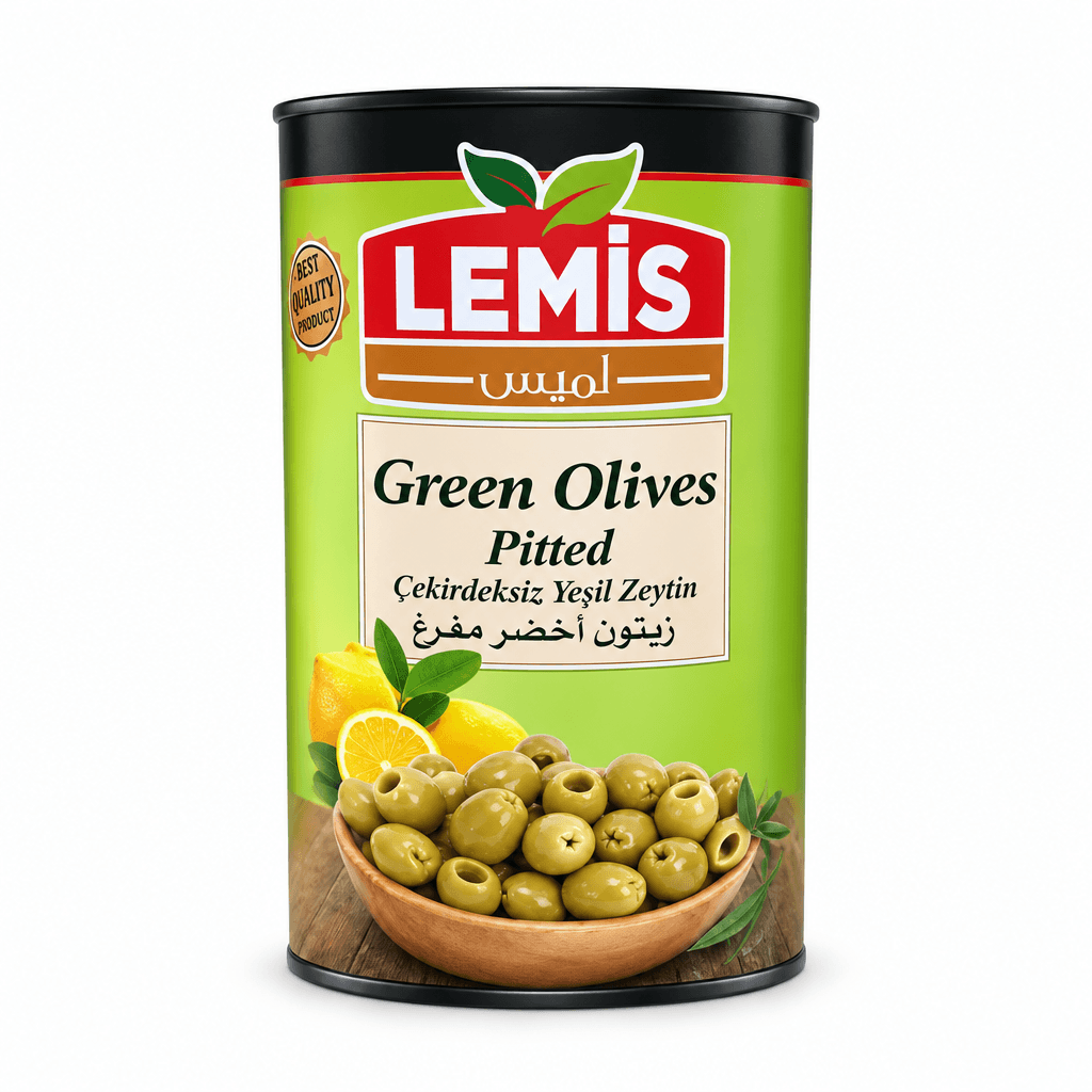 A can of LEMiS Green Olives Pitted on a clean white background. The cylindrical can features a bright green label with the red and white LEMiS logo, an illustration of green olives in a wooden bowl with lemon slices, and text in both English and Turkish.
