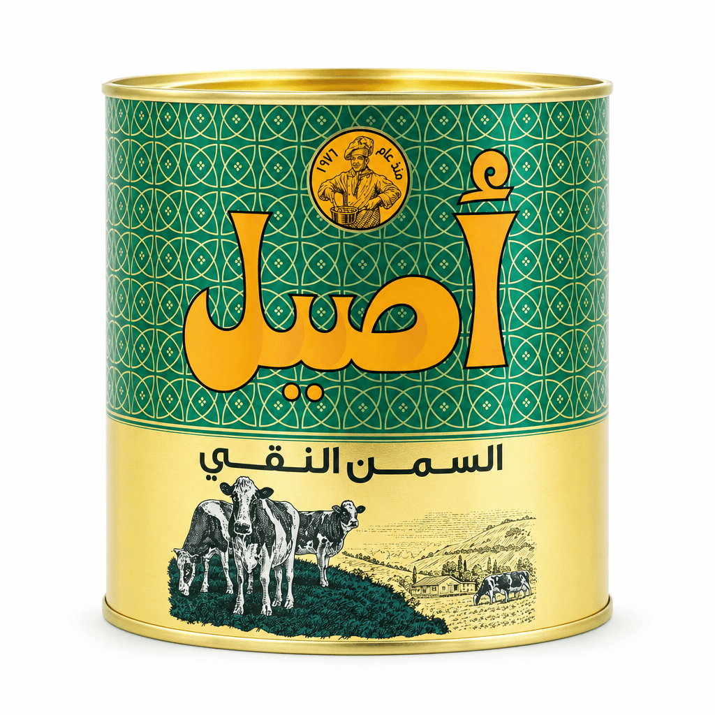 A cylindrical metal can of Egyptian table salt, 'Asad Al-Ahlia', featuring a green and gold label with Arabic text and an illustration of cows on a hillside.