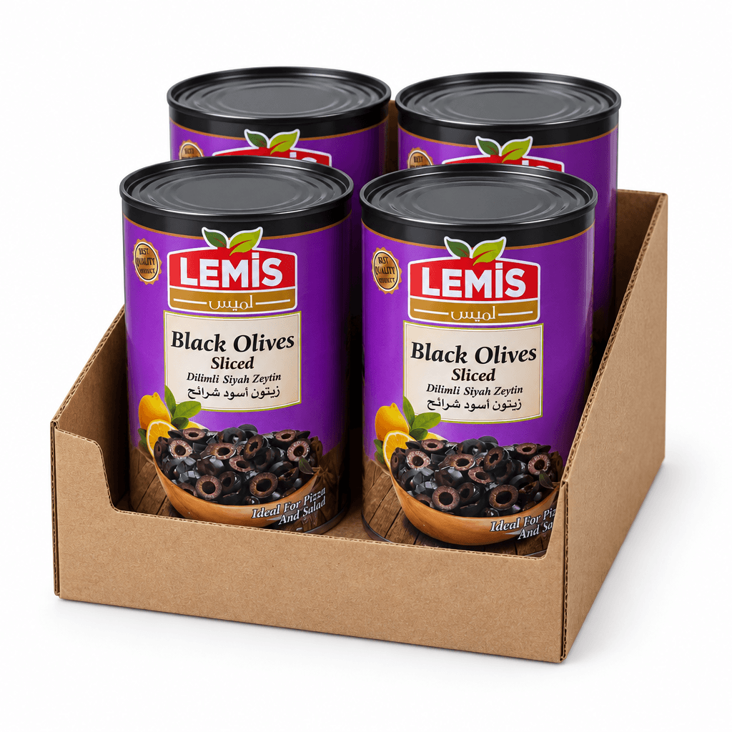Four cans of Lemís sliced black olives displayed in a brown cardboard tray on a white background.