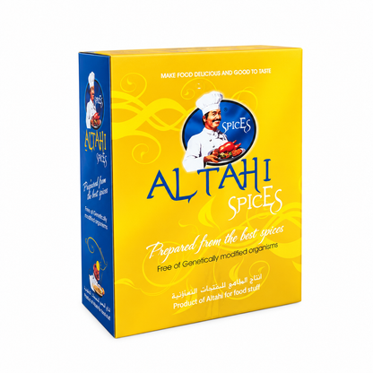 Al Tahi Spices yellow and blue box on a white background