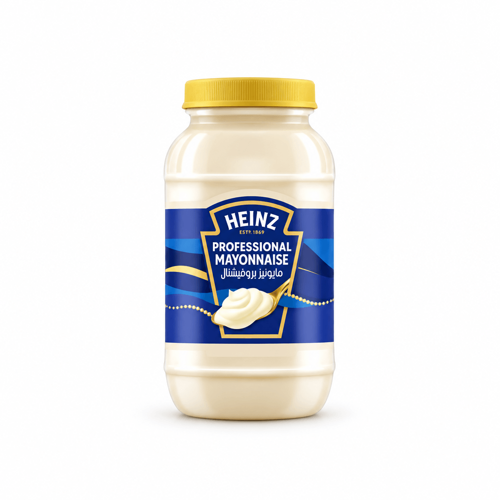 A jar of Heinz Professional Mayonnaise with a yellow lid and a blue label, shown on a clean white background.