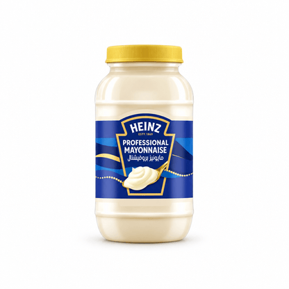 A jar of Heinz Professional Mayonnaise with a yellow lid and a blue label, shown on a clean white background.