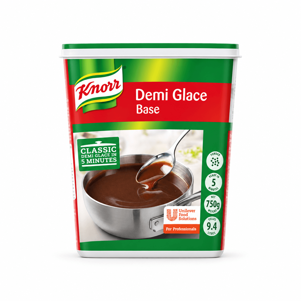 A 750g tub of Knorr Demi Glace Base, featuring a green and red label with a photo of chocolate demi glace in a metal pot and a spoon.