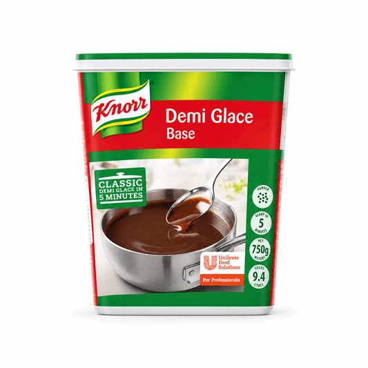 A 750g tub of Knorr Demi Glace Base, featuring a green and red label with a photo of chocolate demi glace in a metal pot and a spoon.