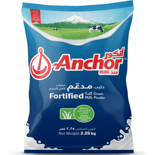 A 2.25 kg bag of Anchor Full Cream Fortified Milk Powder.