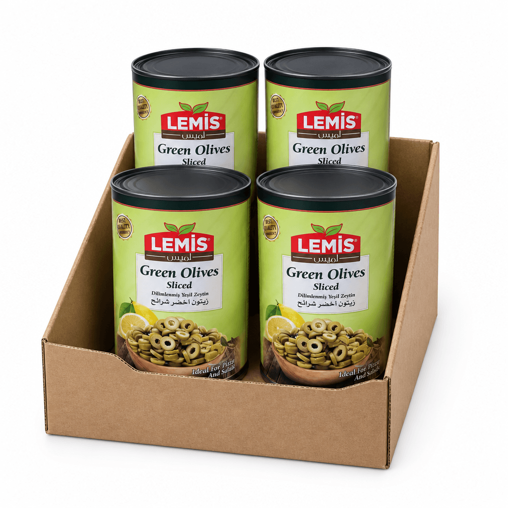 Four cans of Lemís sliced green olives arranged in a brown cardboard tray on a white background.