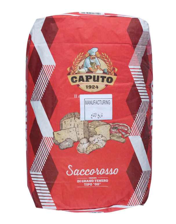 Red bag of Caputo flour with brand logo and product details on a white background