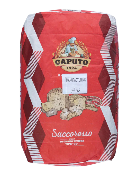 Red bag of Caputo flour with brand logo and product details on a white background