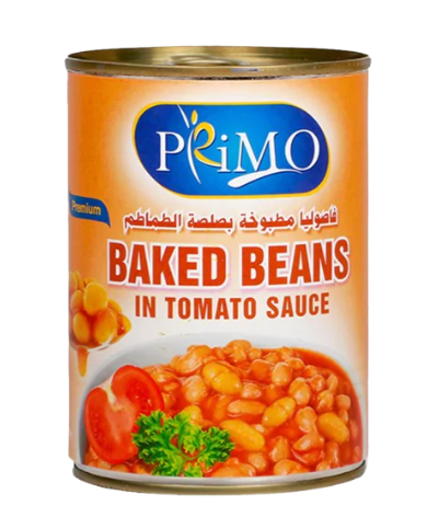 Can of Primo baked beans in tomato sauce on a white background
