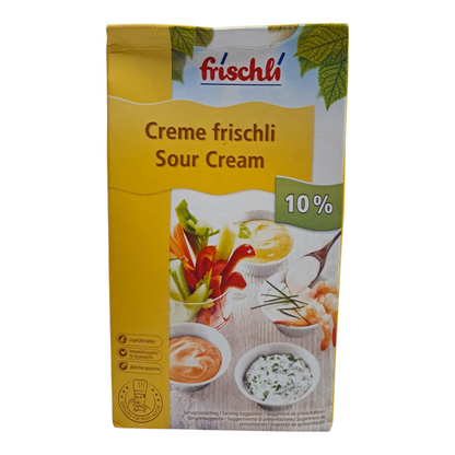 Frischli sour cream packaging with images of dishes on a white background