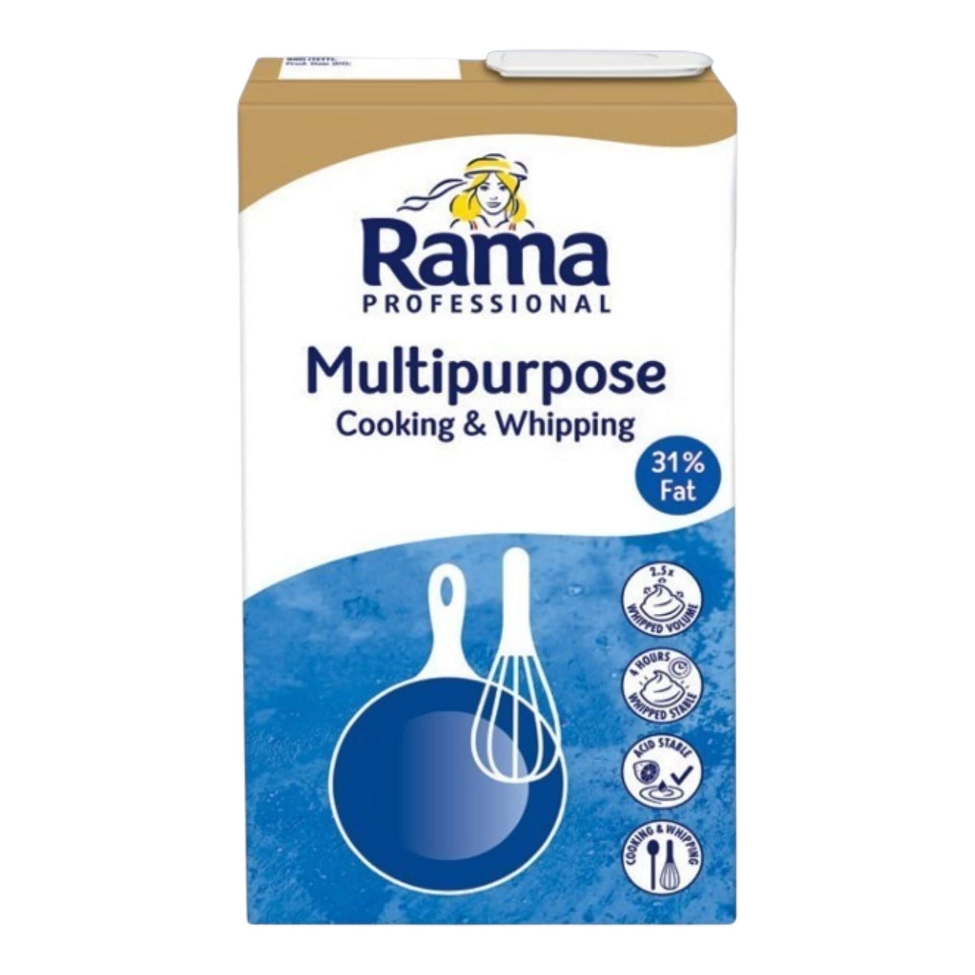 A box of Rama Professional Multipurpose Cooking & Whipping powder, featuring a white and blue design with a brown top section and a cartoon chef logo.
