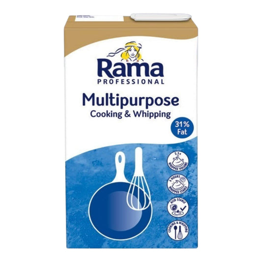 A box of Rama Professional Multipurpose Cooking & Whipping powder, featuring a white and blue design with a brown top section and a cartoon chef logo.