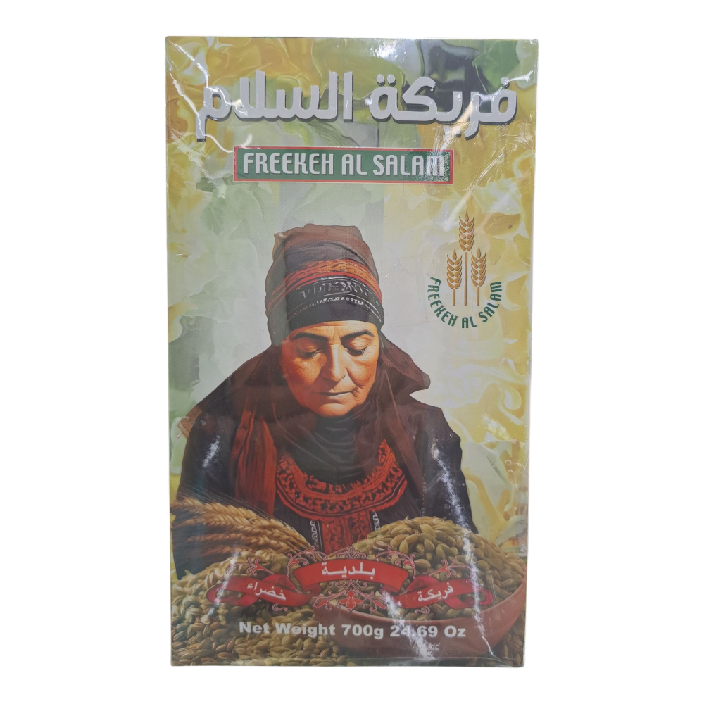Freekeh Al Salam packaging with a woman holding wheat, featuring Arabic text.