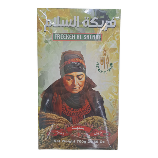Freekeh Al Salam packaging with a woman holding wheat, featuring Arabic text.