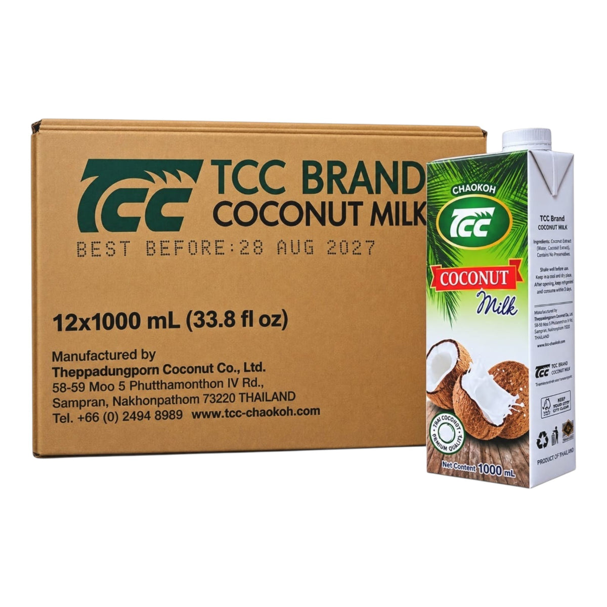A 12-pack of TCC Brand Coconut Milk 1000 mL cartons, showing the brown cardboard shipping box alongside four individual white and green milk cartons with coconut illustrations.