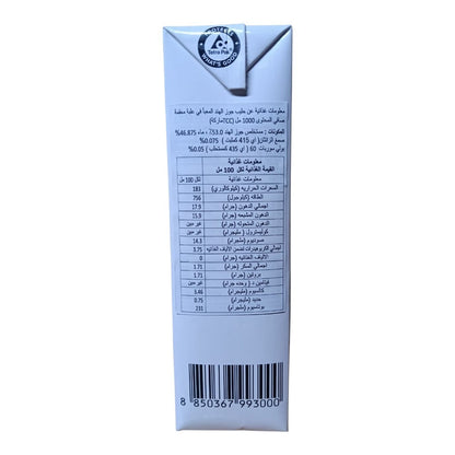 The back of a white paperboard carton for a packaged food product, featuring a triangular recycling logo at the top, Arabic text, a nutrition facts table, and a barcode at the bottom.
