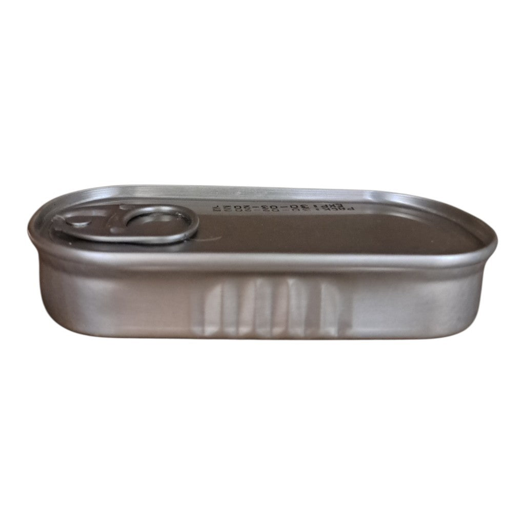 A silver metal pull-tab can lid or tin container shown from the side on a plain white background.