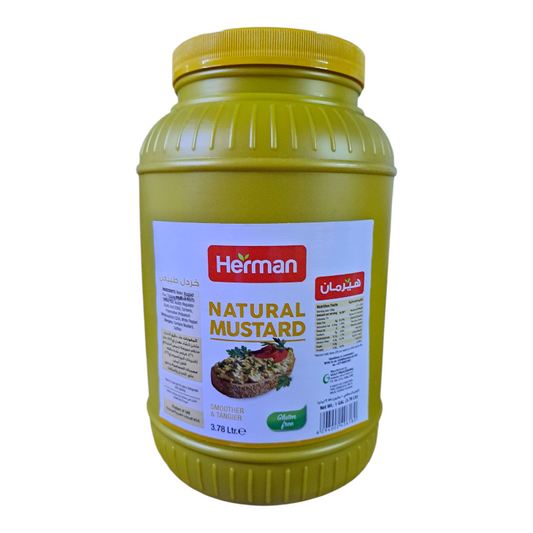 Yellow jar of Herman natural mustard on a white background